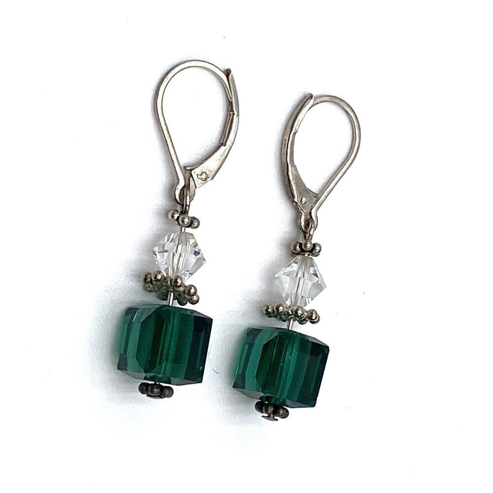 925 Earrings Green Cube Crystals Clear Crystals Artisan